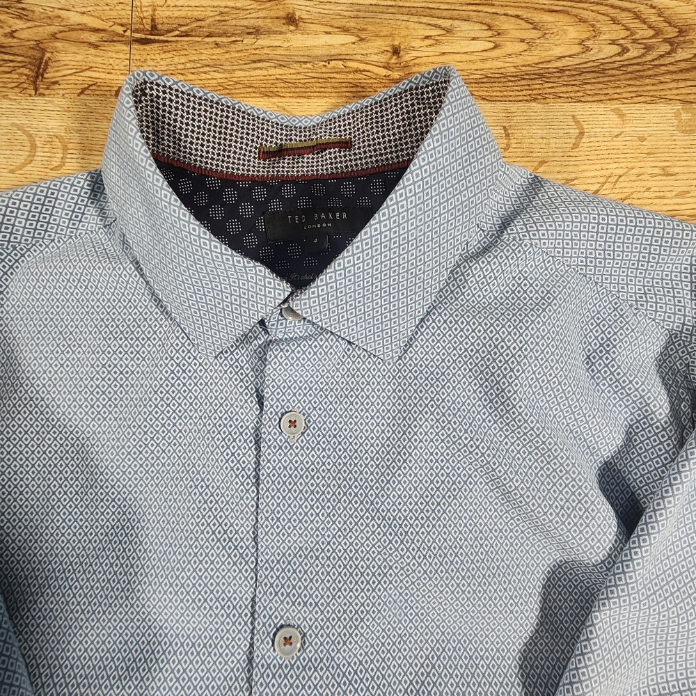 Ted Baker Men's Dense Geo Pattern Blue Casual Shirt, Size L - 4 Long Sleeves - Picture 8 of 15